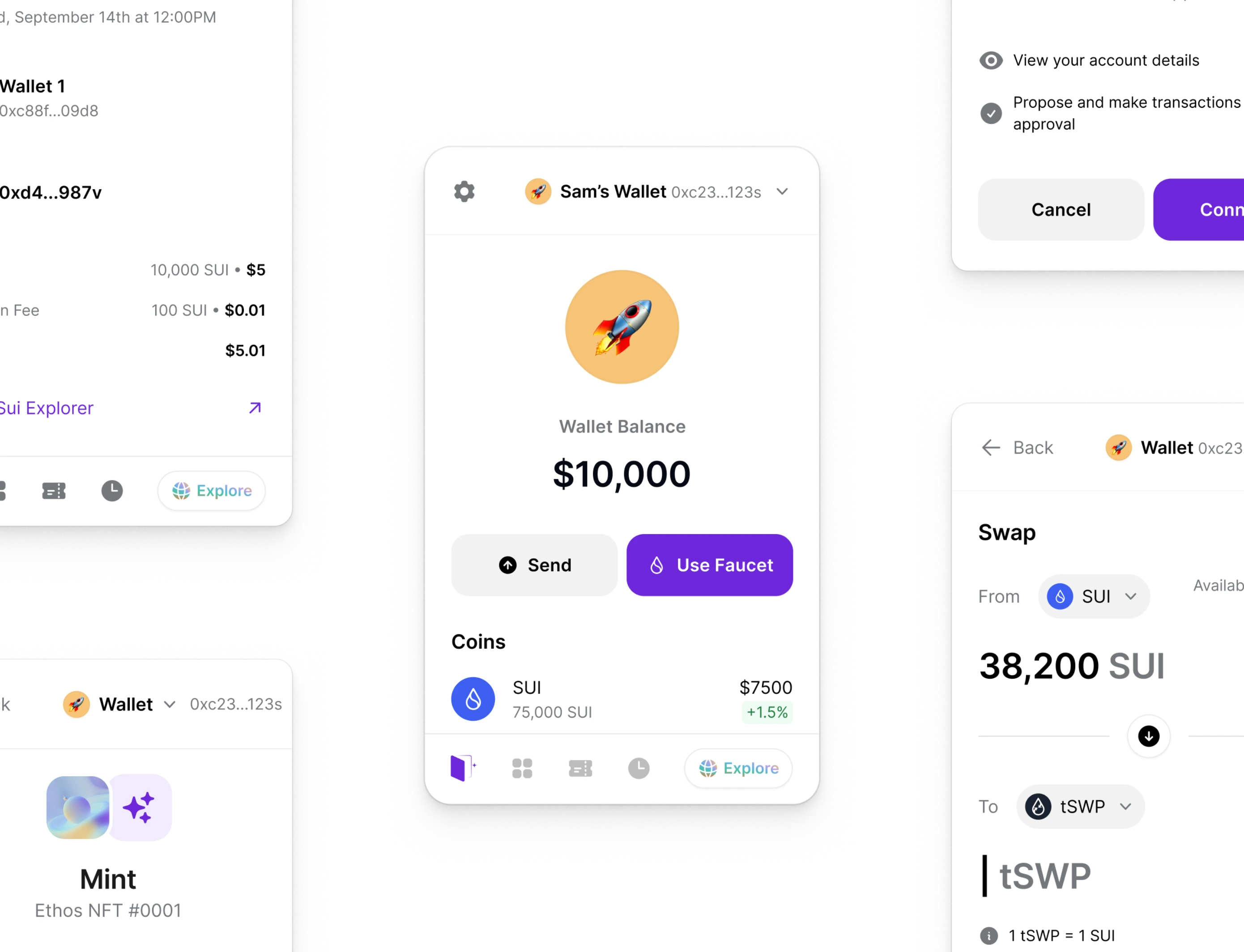 Ethos Wallet screens over a Sui ecosystem mesh gradient
