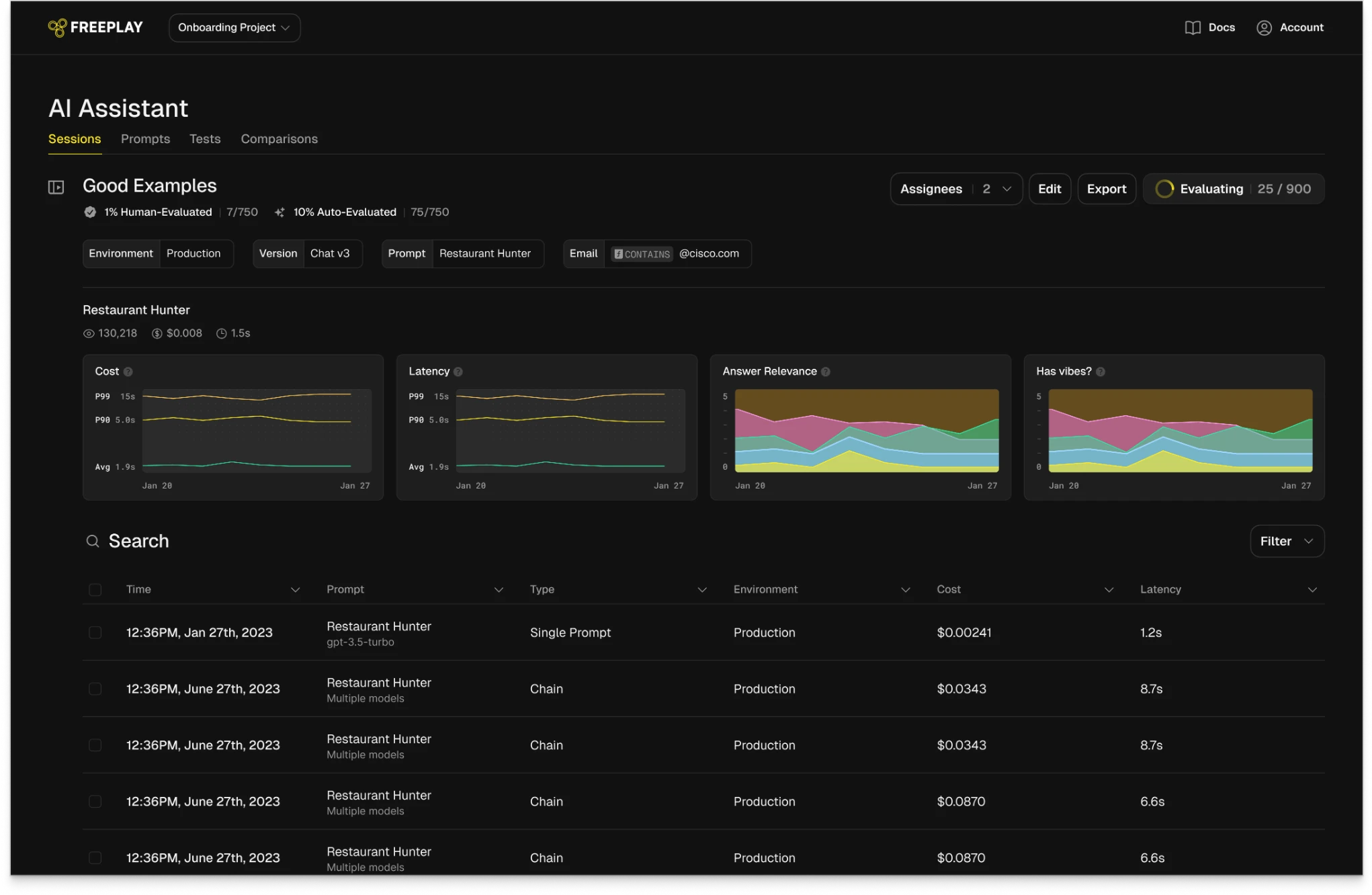 Freeplay sessions dashboard for an AI assistant project